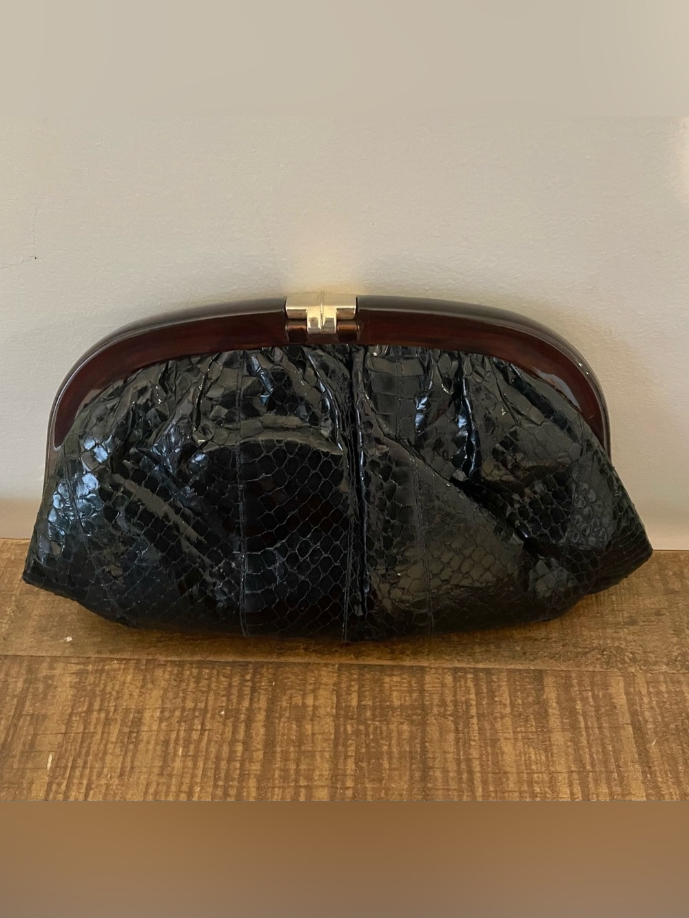 Vtg Ruth Saltz Black Patent Snakeskin Frame Clutch Wooden Accent and Gold Clasp